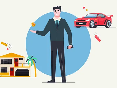 Bitcoin men 2d bitcoin car character design house illustration man men smile vector