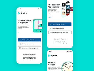 Spokn Walkthrough app audio clean concept landing login minimal mint mobile music on boarding product design sign in sign up simple spokn ui walkthrough walkthroughs