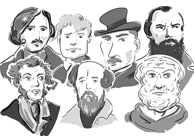 Russian Writers (and Aristotle) aristotle author book caricature dostoyevsky gogol illlustration literature pushkin russian russian writer writer yesenin