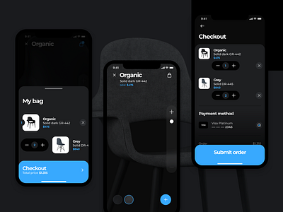 Space Ecommerce app bag black chair checkout dark dark app dark ui ecommerce furniture payment payment method space visa