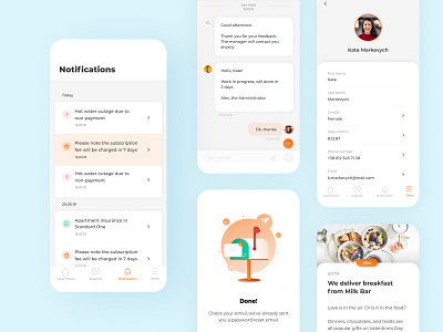 Apartment App apartment app chat design figma list mobile mobile app notification profile property real estate rent ui ux white