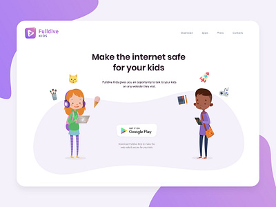 Fulldive Kids browser fun happy illustrations kids landing pink smooth study ui uxui violet wave webdesign