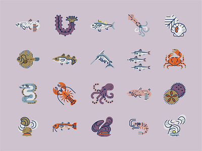 Underwater Icon set cod crab eel fish goatfish icon illustration lobster mussel octopus oyster salmon scallop sea cucumber sea urchin seafood shrimp squid underwater