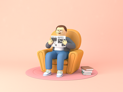 Reading a newspaper... 3d art book c4d carpet character design home illustration man newspaper reading sofa ui vector