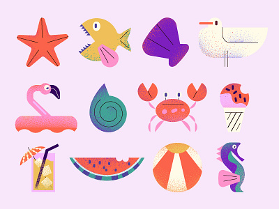 Beach Icons bird character design fish flamingo icecream icons illustration sea summer vector watermelon