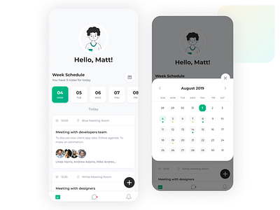 Scheduling App add app avatar calendar close date day illustration location meeting message mobile month planning scheduling tabbar time week