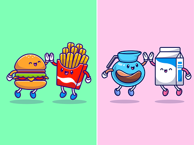Friend high five🍔🍟🙌🏻☕🥛 breakfast burger character coffee cute drink emoticon fastfood food french fries friend friendship highfive icon illustration logo mascot milk relationship