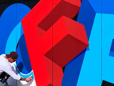 OFFF Festival Barcelona 3d blue brace colourful lettering lona murals offf red spain