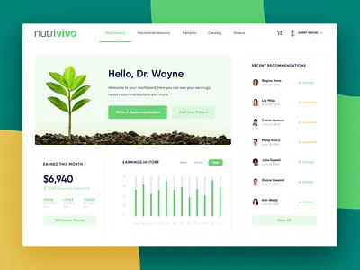 Doctor's dashboard app button color design doctor flat green interaction light minimal nutrients page patient typography ui ux vector web website white