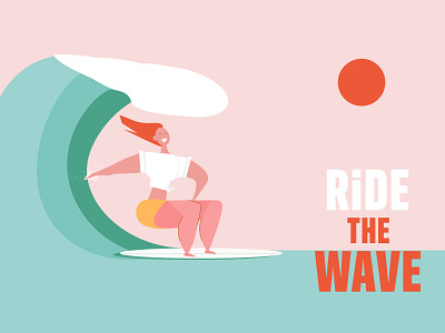 Ride the wave 1 flat girl happy illustration ocean sea summer surf surfer surfing wave