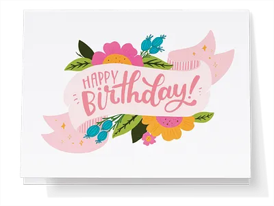 Happy Birthday Banner With Flowers Greeting Card greeting card handlettering happy birthday illustration lettering