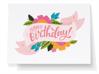 Happy Birthday Banner With Flowers Greeting Card greeting card handlettering happy birthday illustration lettering