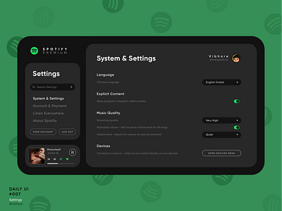 Spotify Settings | Daily UI #007 007 app design daily ui daily ui 007 dailyui dailyui007 music player music player ui redesign concept settings settings page settings ui spotify ui uiux user interface userinterface ux web design website