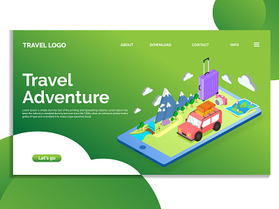 Landing Page Travel Adventure - with isometric style app banner design flat illustration indonesia landing page landingpage landscape template typography ui ux vector vectorart web web design webdesign website