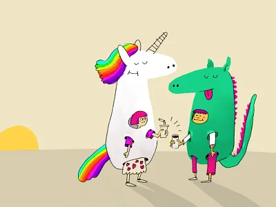 Just chillin chillin chilling dinosaur drawing drinks girl and boy hero sunset unicorn
