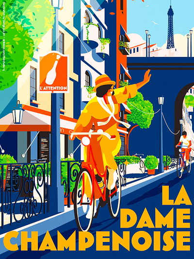 La Dame Champenoise bicycle champagne cycling illustration modern french poster vector vintage