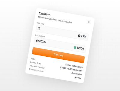 Crypo currency modal conversion banking bitcoin clean design conversion convert crypto cryptocurrecy currency eth exchange integration modal money orange transaction ui ui design uidesign usdt wallet