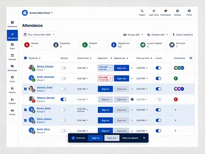 Attendance Management UI – Light & Dark Mode admin dashboard animation clean design dailyui dark mode ui dashboard ui design inspiration dribbble ed tech design interface design light mode ui minimal ui modern dashboard product design school dashboard school software student management user experience web app design