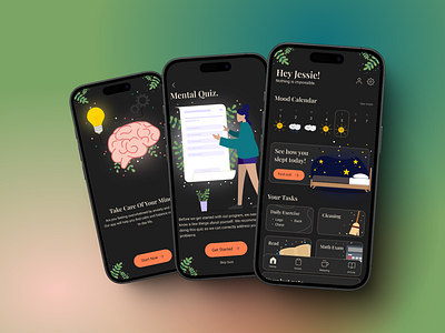 Mental Health App | Darkmode app app login cozy darkmode design graphic design illustration ios mental health menu minimal mobile mobile app modern screen simple sleep tracker splash ui warm