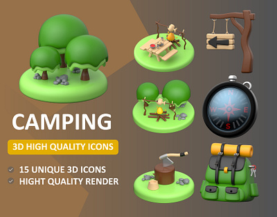 Camping 3D Icons Set 3d camping graphic design