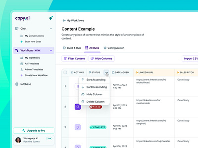 Copy.ai Workflows Table View action actions ai app badge clean ellipsis filter flat hide menu minimal navbar saas sort status table tag ui web