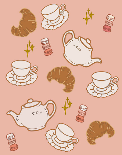 Cafe Girl branding cafe cake crossiant girl gold graphic design graphics illustration logo macaron patisserie peach pink stars tea teapot vector women