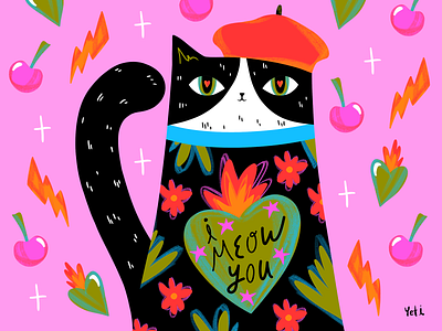 Valentine's Greeting Card artwork cat cherry colorful cute digital illustration digitalart graphic design illustration illustrator love pattern design photoshop texture valentines