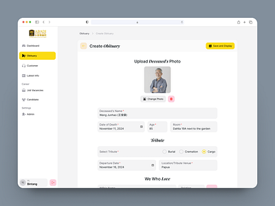 Create Orbituary admin admin create admin ui admin ux asian burial cargo create annoucement create edit delete cremation flat form kedukaan minimalist form orbituary simple form tribute upload photo wife name year old yellow color