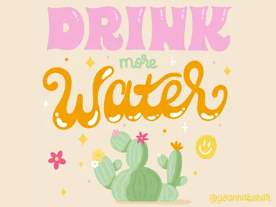 Drink more water cactus drink drink water hand letter hand lettering happy face hot weather illustration lettering nature drawing procreate lettering type typography