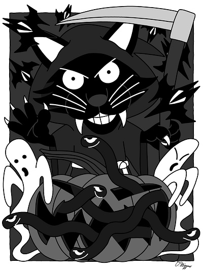 'It's Meowween!', October 2024, 24" x 18" absurdism animals cartoon cat cat art character design creatures drawing fine art ghosts haloween holiday art horror humor illustration pop art seasonal art surrealism