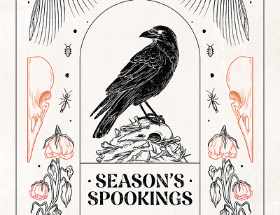 Season's Spookings animal bird botanical bugs creature creepy crow drawing flowers halloween illustration nature seasonal skull spooky wildlife