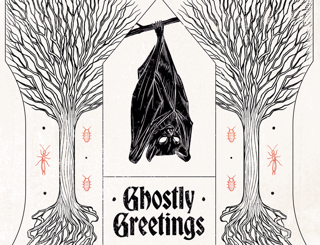 Ghostly Greetings bat bug cockroach drawing ghost ghostly gravestone halloween illustration insect nature seasonal skeleton skull spooky tree vampire wildlife
