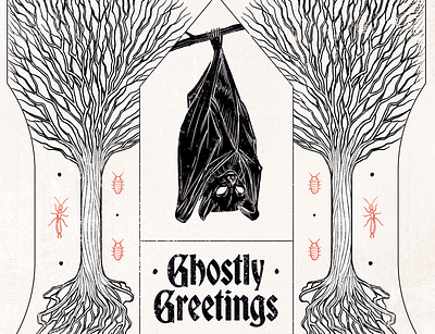 Ghostly Greetings bat bug cockroach drawing ghost ghostly gravestone halloween illustration insect nature seasonal skeleton skull spooky tree vampire wildlife