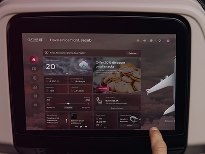 Qatar Airways - In-flight Entertainment - Home screen airplane assist clean dashboard design entertainment homepage ife inflight inflight entertainment minimal qatar airways saas ui ux weather website