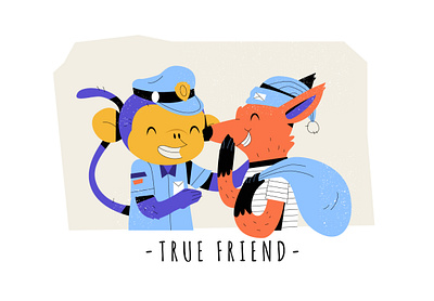 Police and Thief Illustration animal art concept cover drawing flat fox friendship illustration monkey