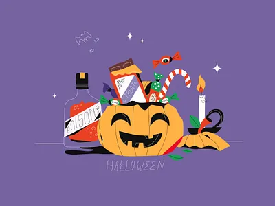 Halloween Party bat candy cover drawing flat halloween illustration night party pumpkin spooky