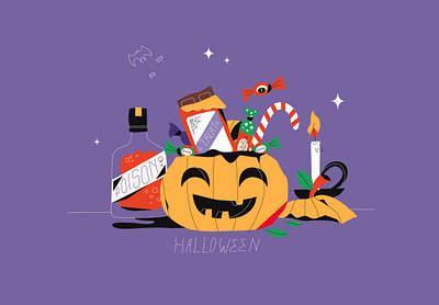 Halloween Party bat candy cover drawing flat halloween illustration night party pumpkin spooky