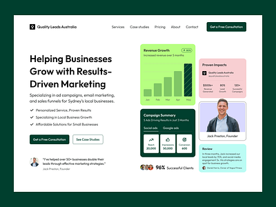 Quality Leads Australia – Marketing Agency Landing Page agency design figma green header design hero section high converting landing page infographic design innovative landing page landing page design marketing agency minimal design ui ui design uiux design web design