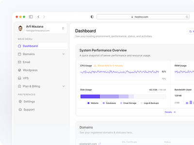 Hostino - Hosting Dashboard admin panel app cloud hosting dashboard design domain hosting app hosting dashboard internet minimal saas dashboard server admin servers ui ux vps vps dashboard web