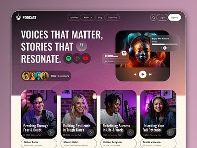Podcast Website Landing Page Design 🎙️ article audio blog chat graphic design homepage illustration landing page marketing music playlist podcast podcast platform podcast website talk ui ux vibrant web design website design