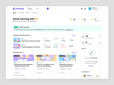 Trenning - Learner Dashboard for SaaS Learning Management System course dashboard education education platform homepage knowledge base learning management system learning path lms product design saas saas design staff training student team training ui ux web app web design wiki