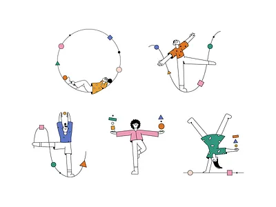 Spot illustrations- shapes athlet boy brand illustration character character design circle girl gymnastics illustration illustration 2d lines minimal art pastel people shapes sport spot illustrations team vector art