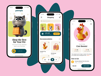 Pawtopia — Pet App 3d animal app branding cat clean design dog graphic design illustration midjourney minimalism pet app pet care pets shopping simple ui uiux user friendly