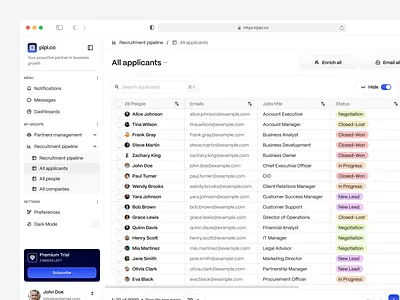 Pipl - All Applicants Dashboard applicantmanagement applicants applicanttracking business crmdashboard dashboard hiring hr hrdashboard hrtech list marketing minimal recruiting recruitingdashboard sales talentacquisition talentmanagement website