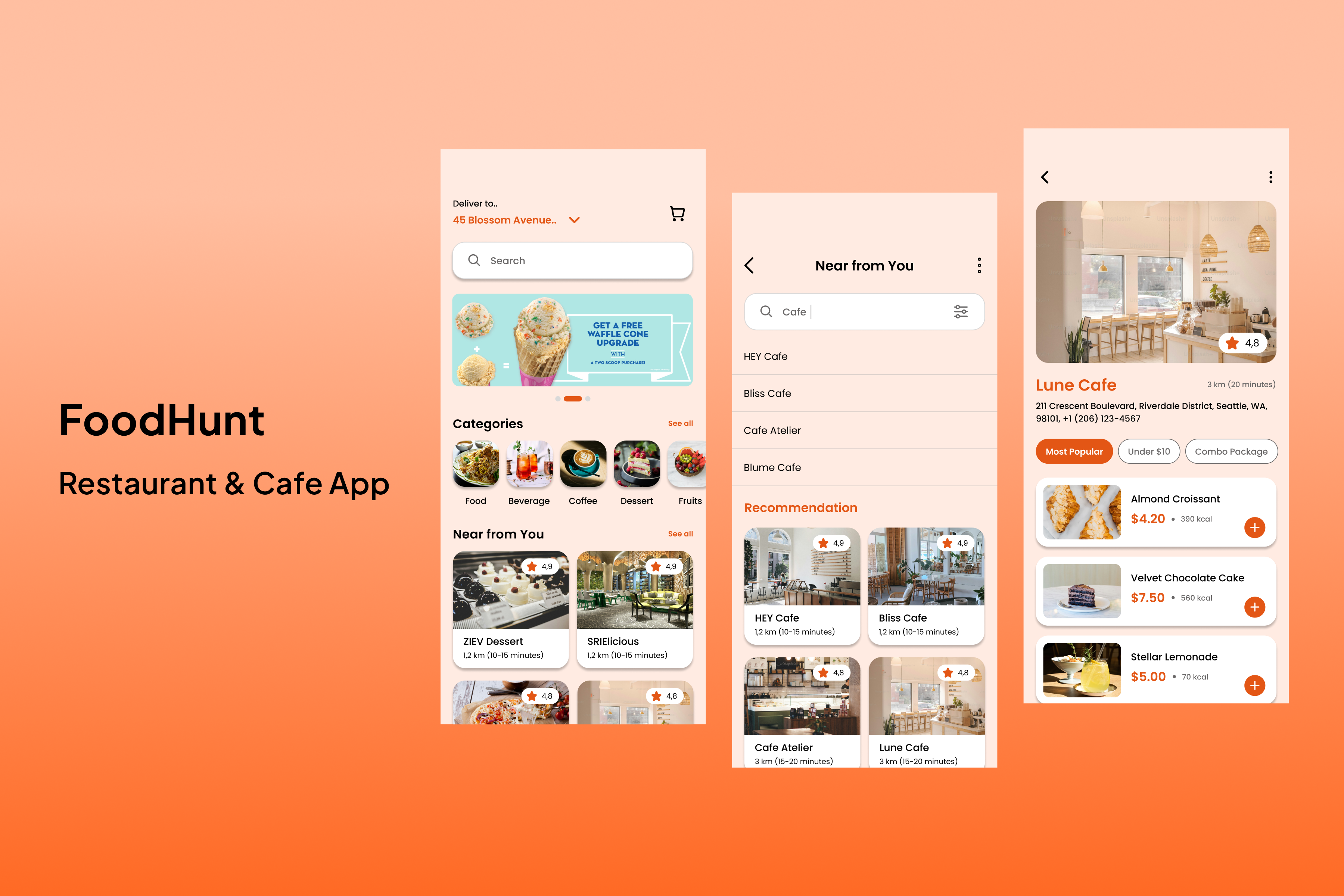 FoodHunt - Restaurant & Cafe UI App branding graphic design logo ui