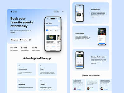 Event Booking Landing Page app booking concert design event events festival figma landing minimalist ticket trendy ui webdesign