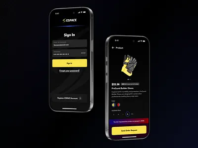 B2B Product App (ESPACE Conceptual design) – Dark Mode UI b2b design ecommerce enterpriseux interfacedesign mobileapp ui uidesign ux