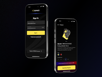 B2B Product App (ESPACE Conceptual design) – Dark Mode UI b2b design ecommerce enterpriseux interfacedesign mobileapp ui uidesign ux