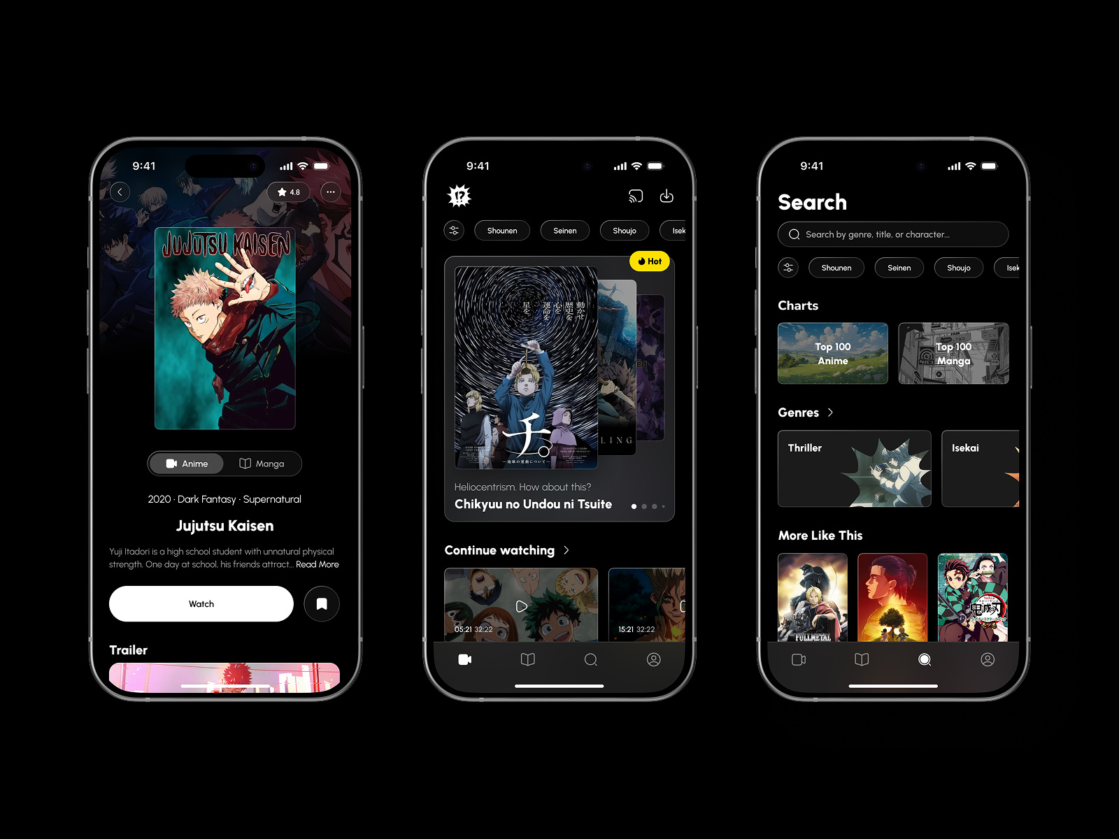 Animang App anime app cartoon cinema comics dark entertainment ios manga minimal player ui ux