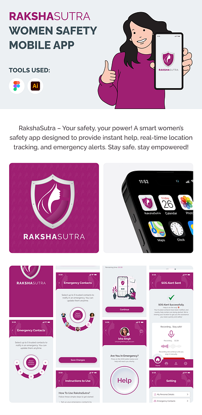 RakshaSutra - Women's Safety App branding emergency women logo logo design mobile app mobile app design women app women protection app women safety app